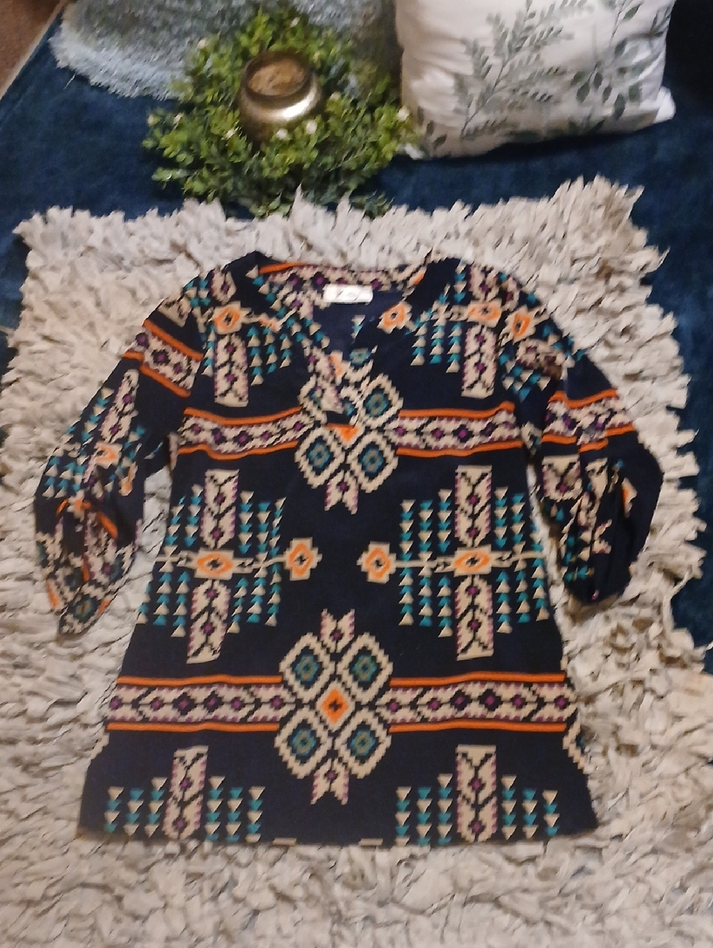 Freeway Navy Blue Tunic with Teal, Orange and Cream Aztec Print